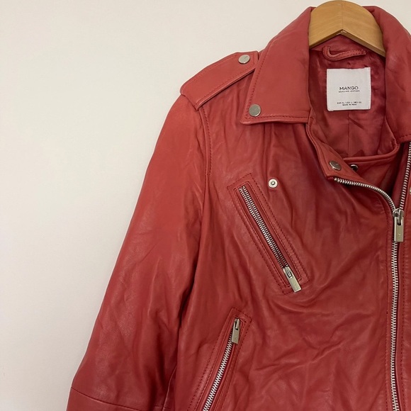 Mango MNG Dark Pink Salmon Genuine Leather Biker Jacket XL - Picture 4 of 5